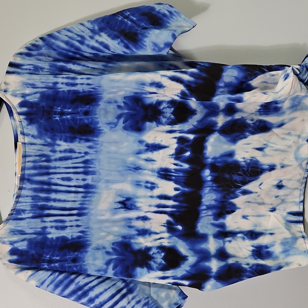 Michael Kors Blue and White Tie Front Tye Dye Oversized Short Sleeve Tee Size XS - Picture 2 of 10